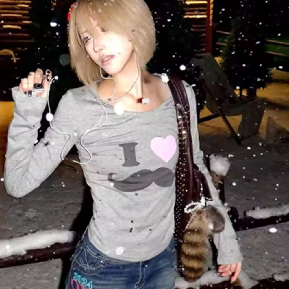 Street Fashion Harajuku - Japanese Y2K Beard Print T-Shirt Vintage