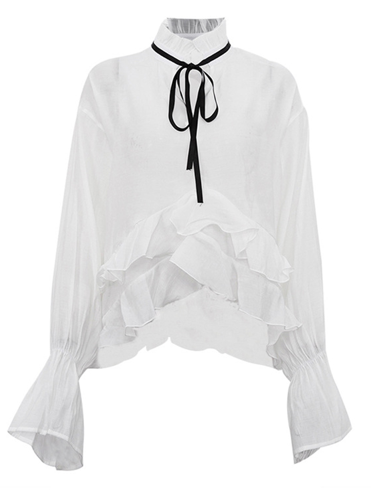 Fashion Street Night - White Ruffle Hem Tie Neck Blouse