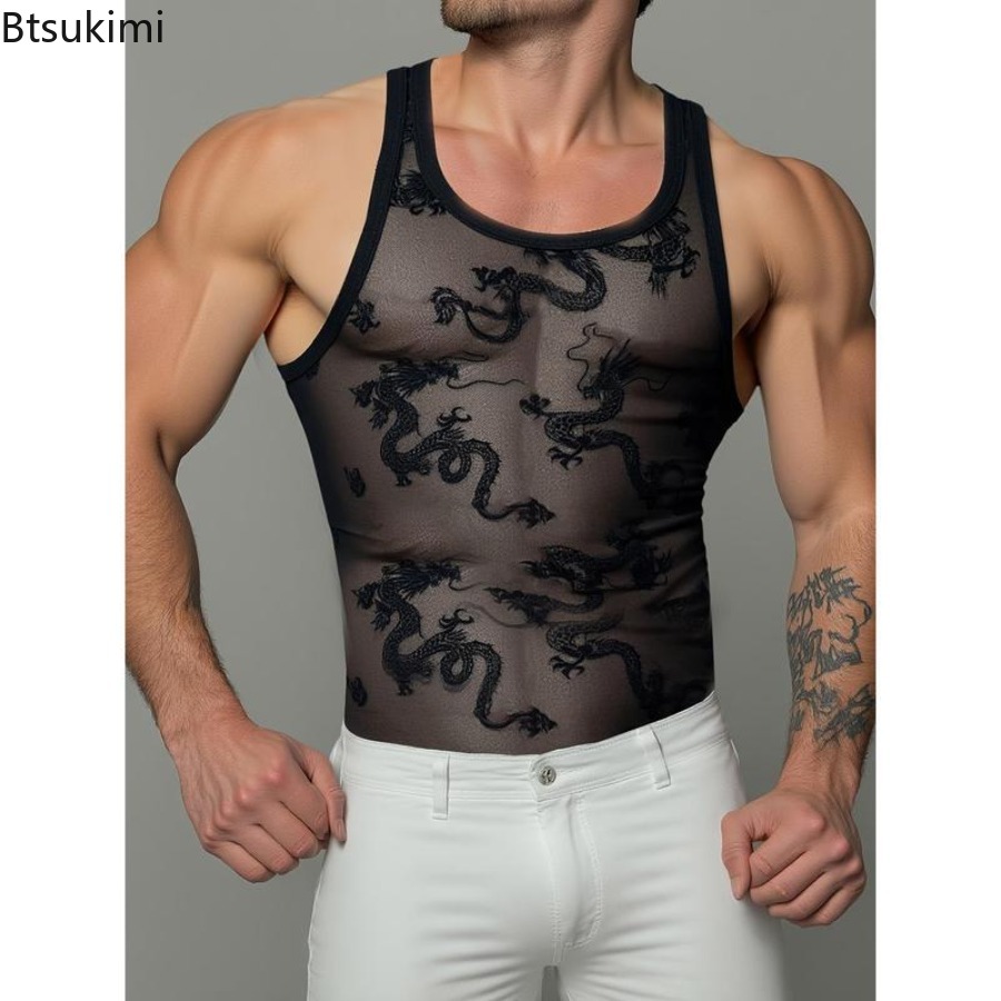 Street Fashion Outfit For Men - Sexy Lace Tank Tops Men Transparent