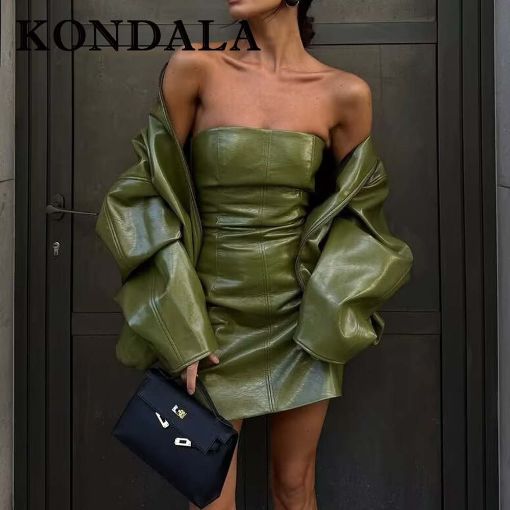 Fashion Street Night - KONDALA Chic Streetwear Green PU Solid