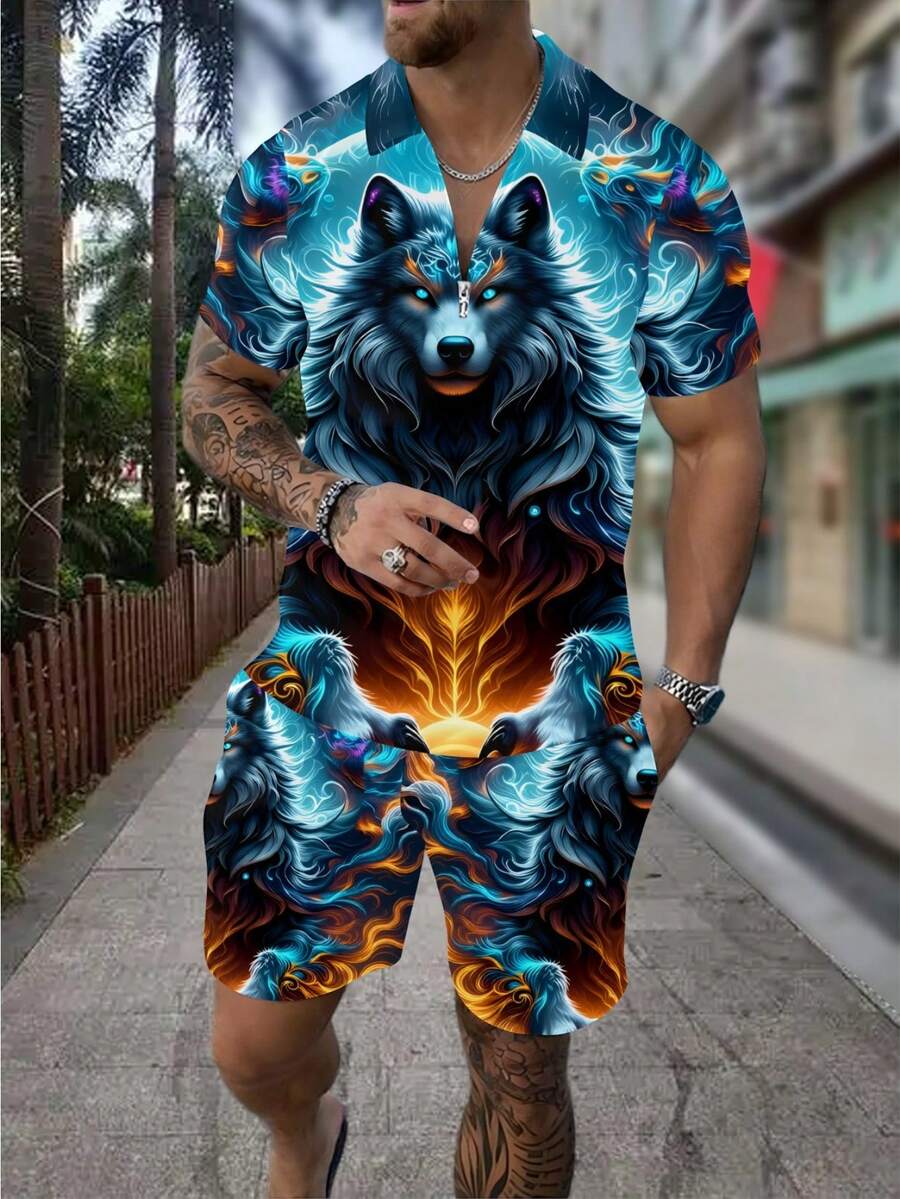 Men's Fashion 3D Wolf Print Zi - Street Fashion Outfit For Men review and price