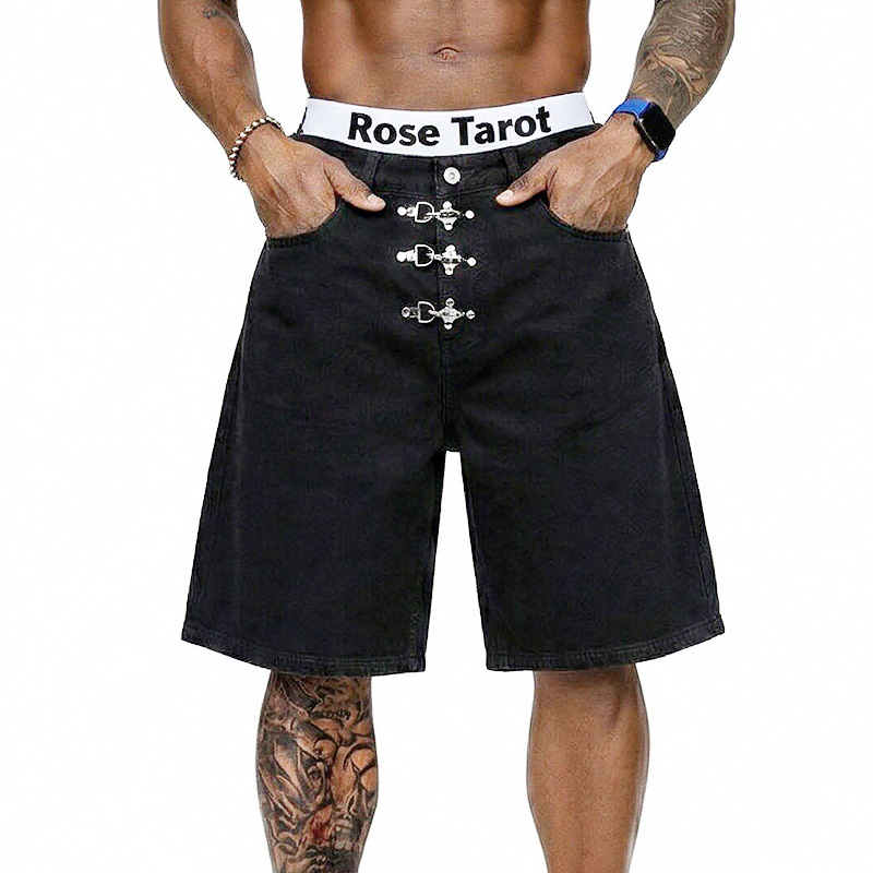 Metal Buckle Short Baggy Jeans - Street Fashion Jeans Men review and price