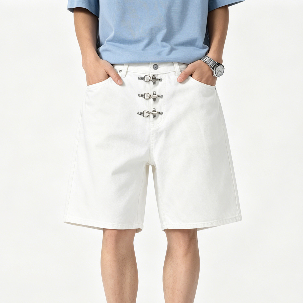 Metal Buckle Short Baggy Jeans - Street Fashion Jeans Men review and price