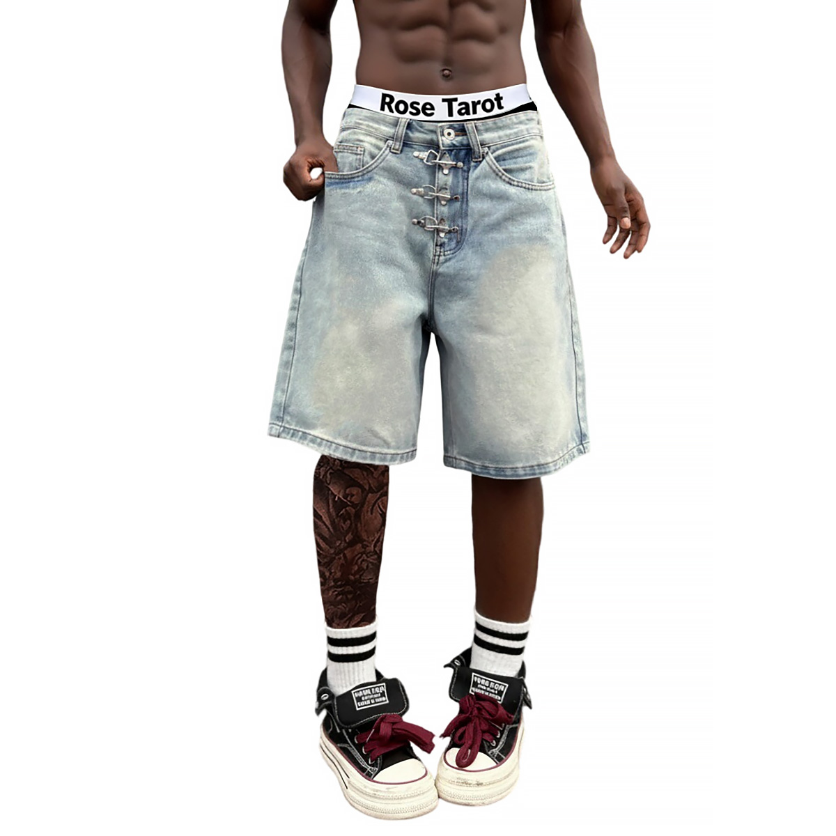 Metal Buckle Short Baggy Jeans - Street Fashion Jeans Men review and price