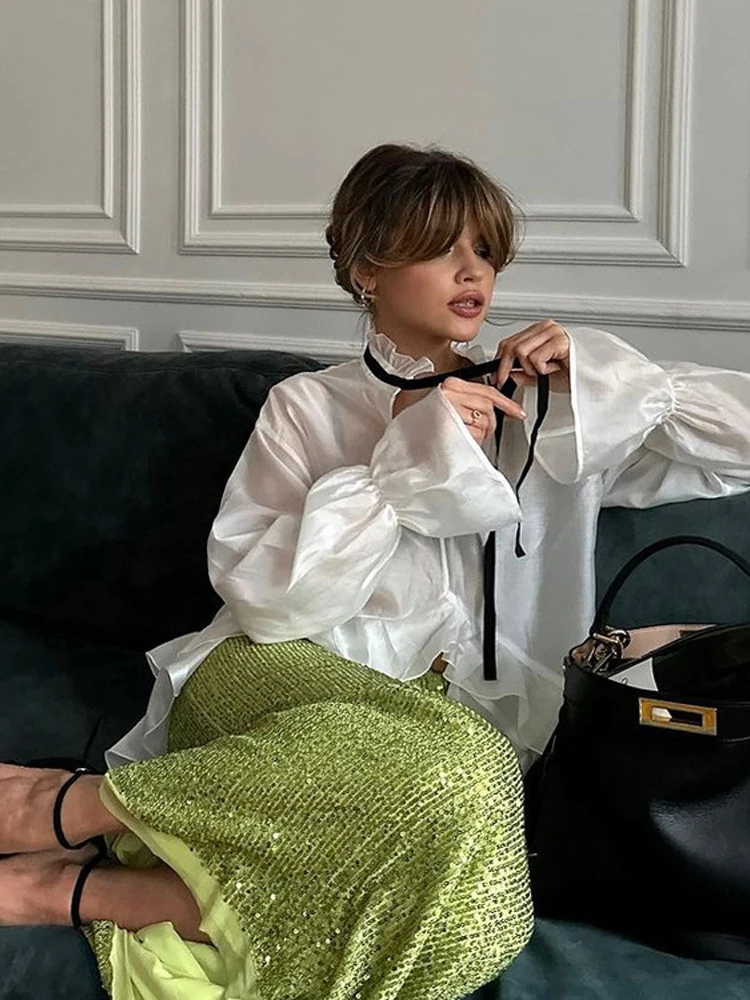 White Ruffle Hem Tie Neck Blou - Fashion Street Night review and price