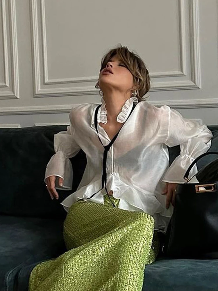 White Ruffle Hem Tie Neck Blou - Fashion Street Night review and price